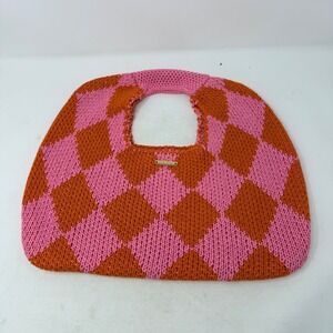 Kopari Pink Orange Checkered Knit Tote‎ Bag Harlequin Pattern Top Handle Bag